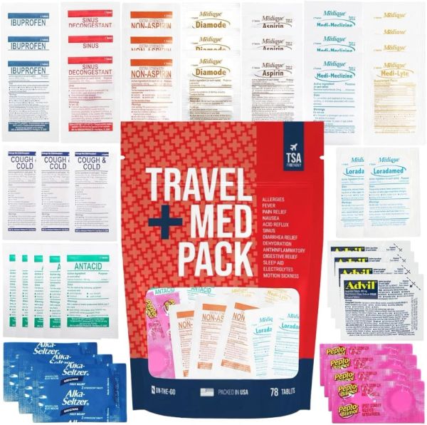 78-piece travel medicine kit with wrapped medications