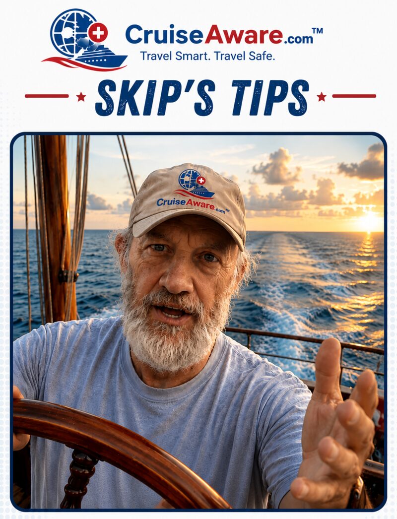 Skip, founder of CruiseAware, at the helm of a sailboat at sea